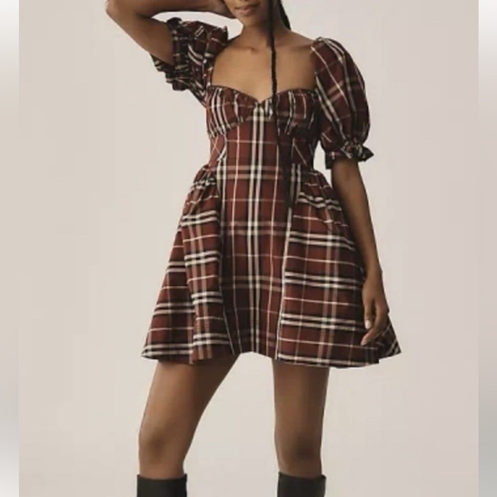 Anthropologie Plaid Puff Sleeve Dress